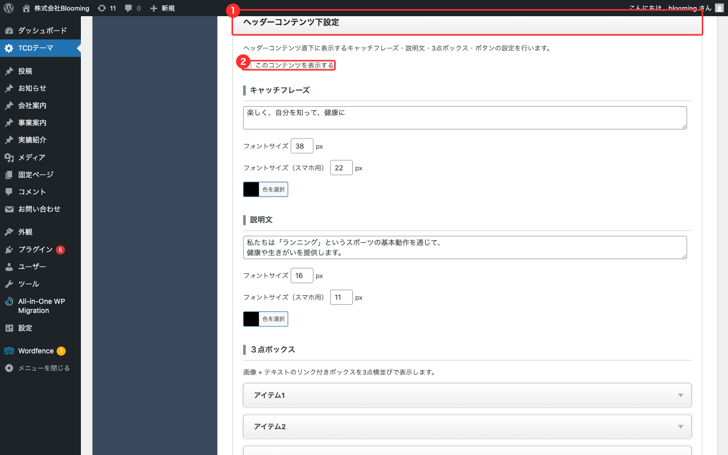 ヘッダーコンテンツ下設定セクション全体