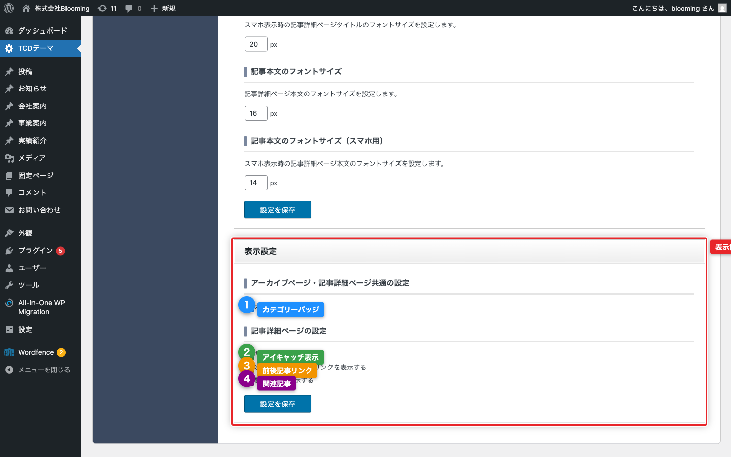 表示設定セクション（4チェック）