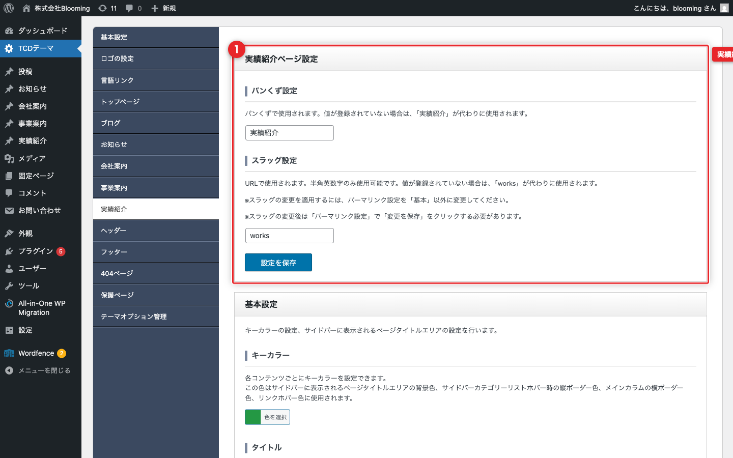 実績紹介ページ設定セクション