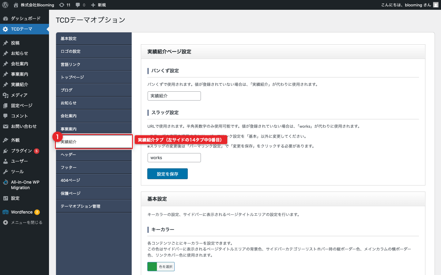TCDテーマ画面で「実績紹介」タブをクリック