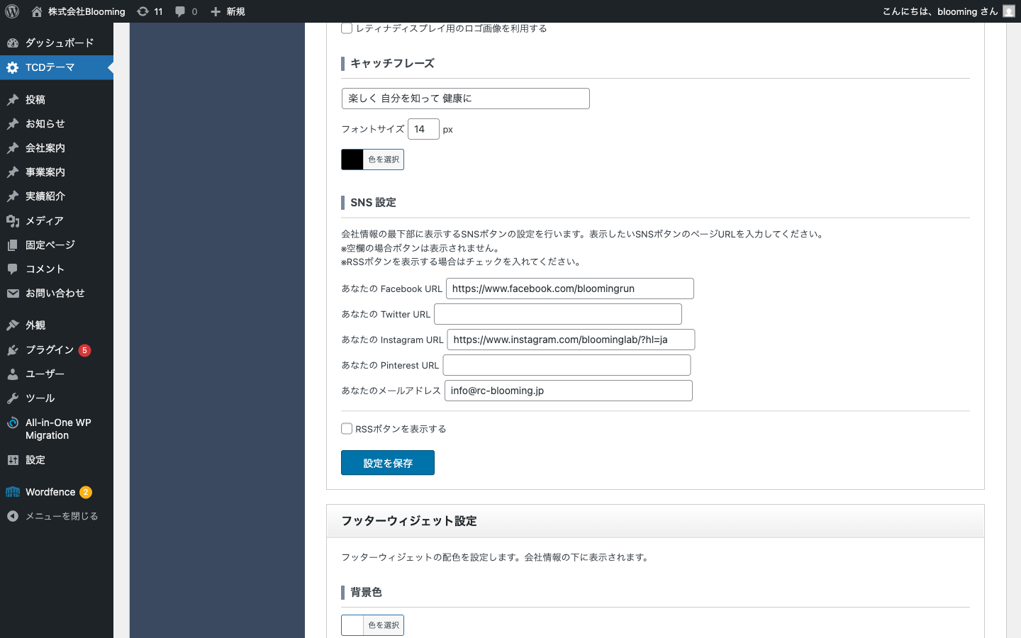 会社情報設定（キャッチフレーズ・SNS設定の下半分）